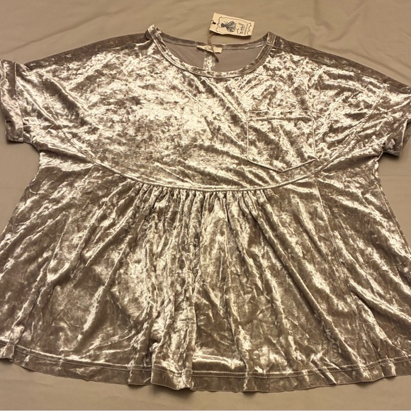 easel Tops - Easel Shimmering Silver Velvet Blouse